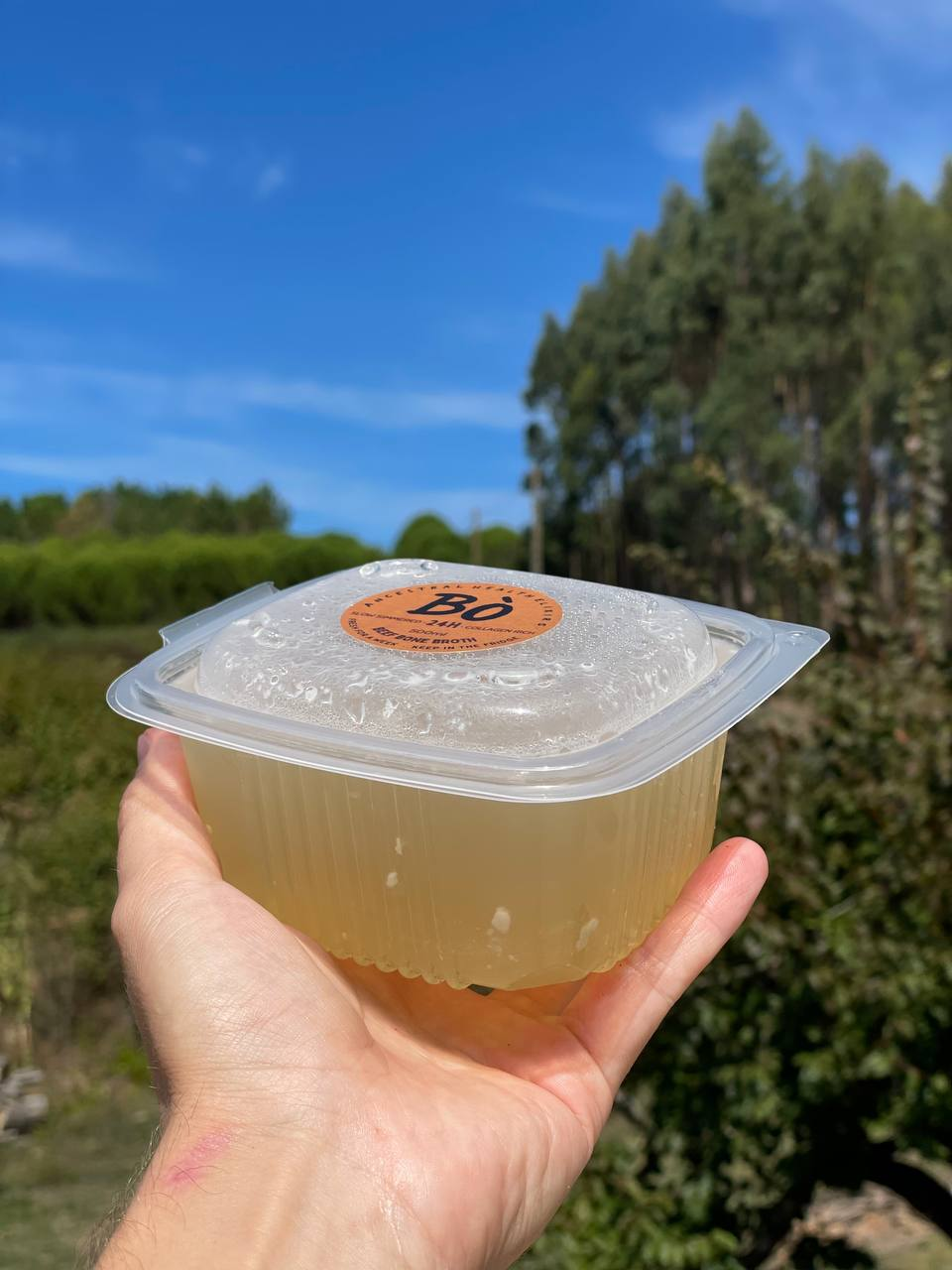 Bò beef bone broth showing perfect gelatinous consistency outdoors